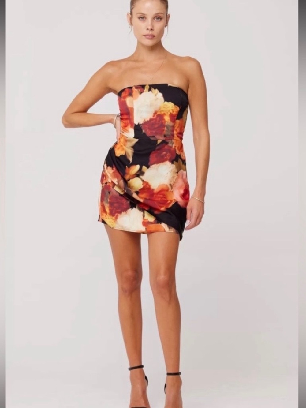 RESA- Cindy Dress XL-Strapless Mini with Orange & Red Floral Print-New w/tag
